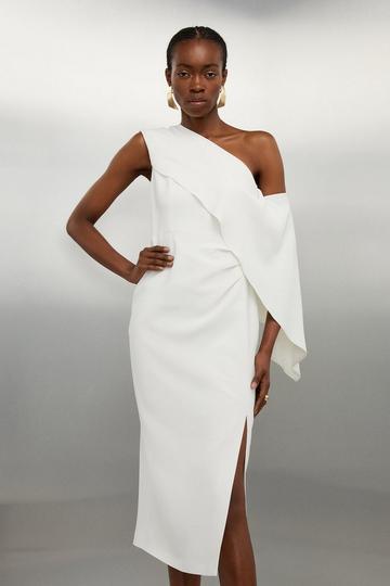 Compact Stretch Viscose Tailored One Shoulder Drape Detail Midi Dress ivory