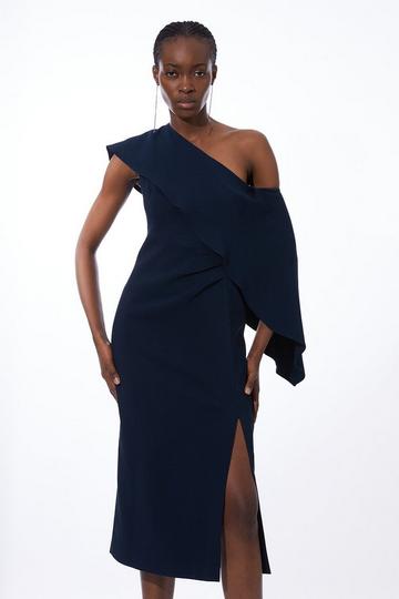 Compact Stretch Viscose Tailored One Shoulder Drape Detail Midi Dress navy