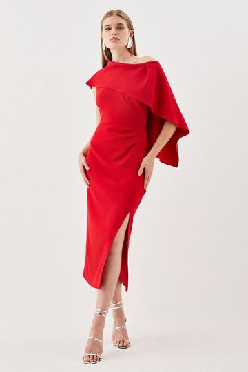 Compact Stretch Viscose Tailored One Shoulder Drape Detail Midi Dress red