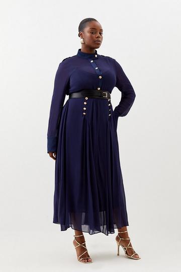 Plus Size Military Belted Sheer Woven Maxi Dress navy