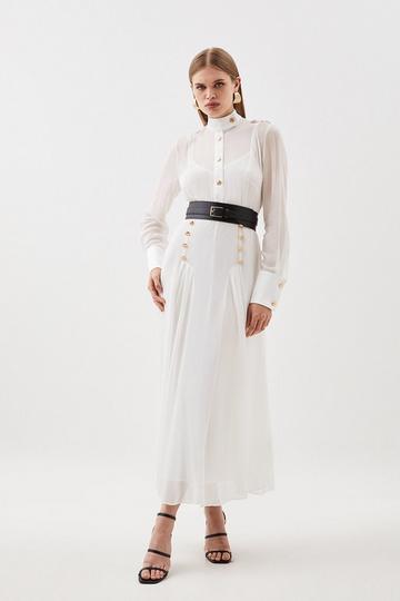 Petite Military Belted Sheer Woven Maxi Dress ivory