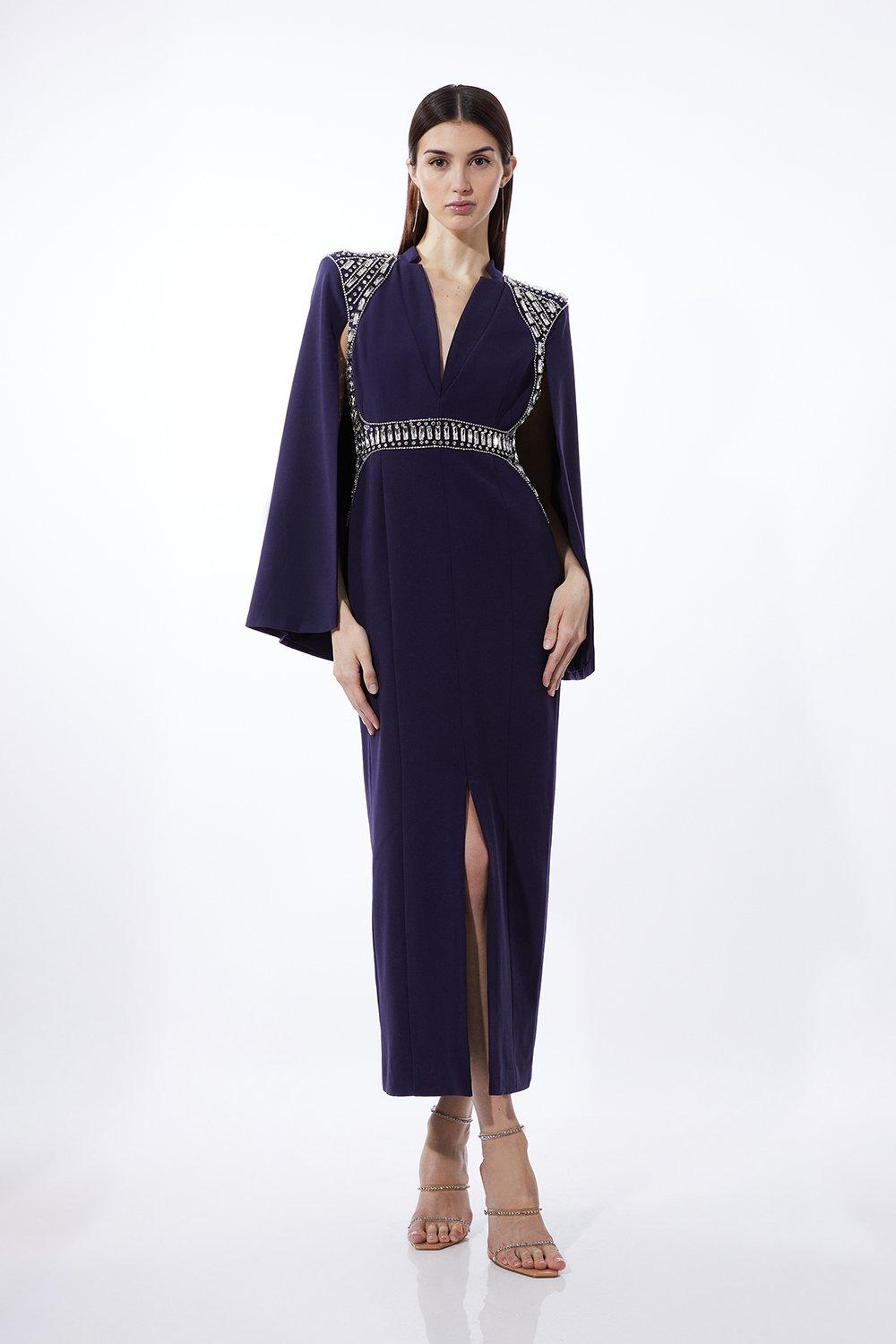 Embellished Caddy Plunge Cape Sleeve Woven Midi Dress - Navy