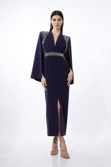 Navy Embellished Caddy Plunge Cape Sleeve Woven Midi Dress