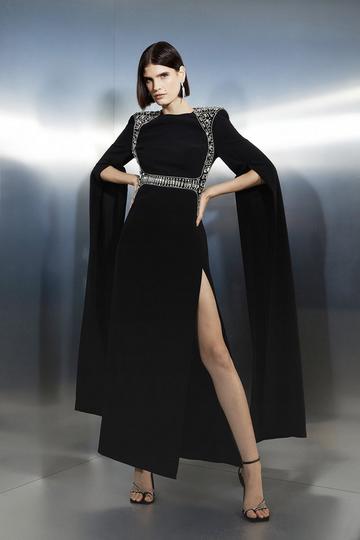 Black Embellished Caddy Cape Sleeve Woven Maxi Dress