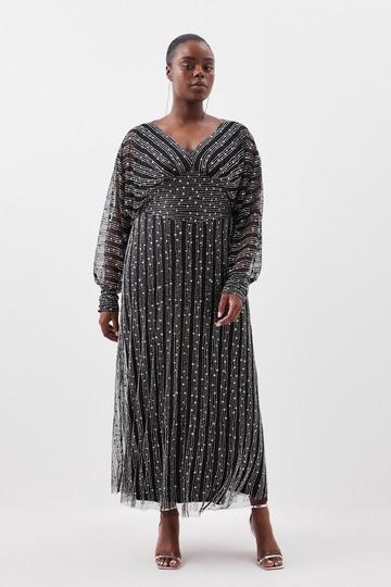 Black Plus Size Stripe Embellished Plunge Batwing Maxi Dress
