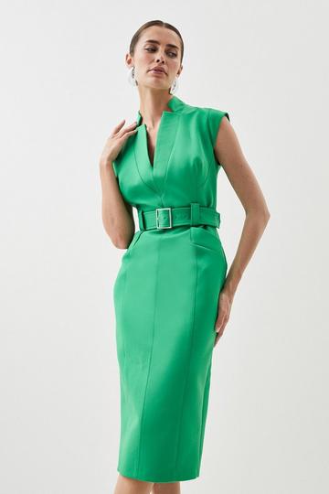 Green Compact Stretch Tailored Forever Belted Cap Sleeve Pencil Dress