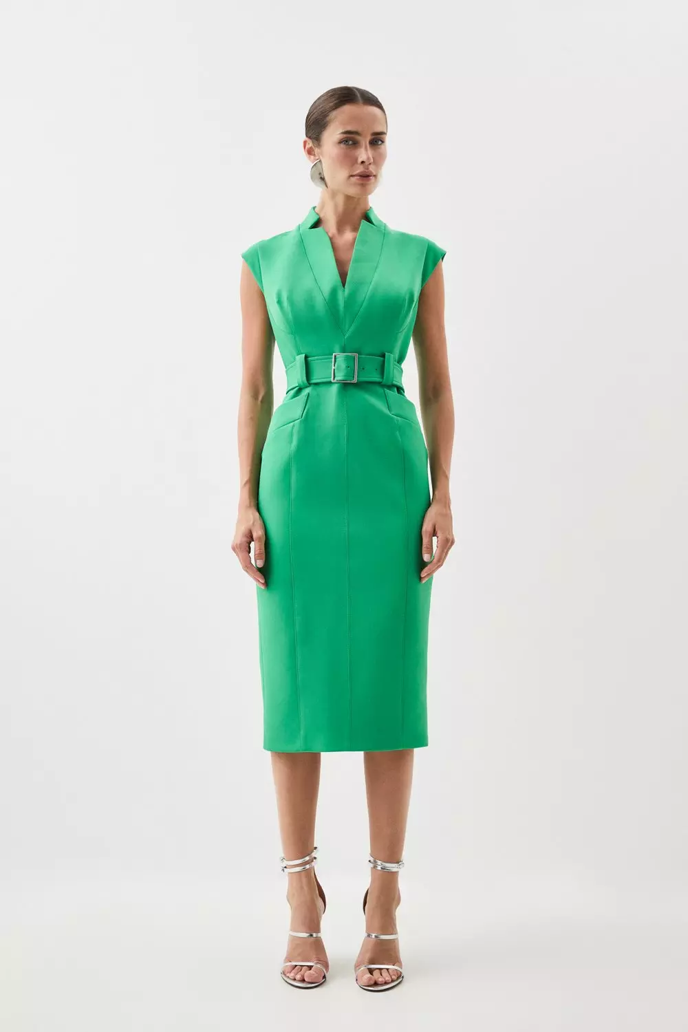 Compact Stretch Forever Belted Cap Sleeve Pencil Dress