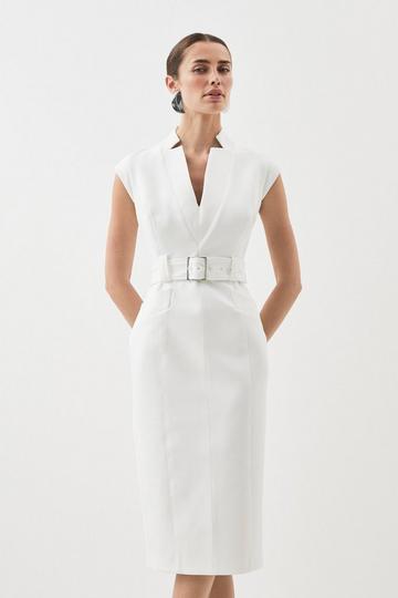 Compact Stretch Forever Belted Cap Sleeve Pencil Dress ivory