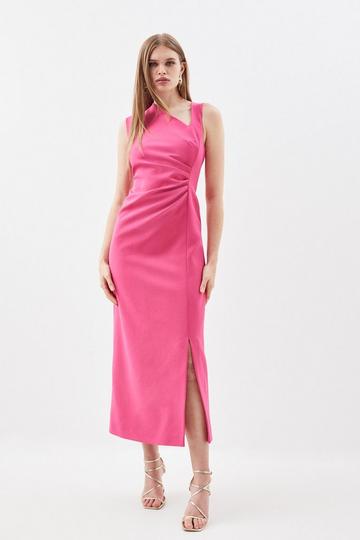 Pink Compact Stretch Tailored Envelope Neck Column Midi Dress