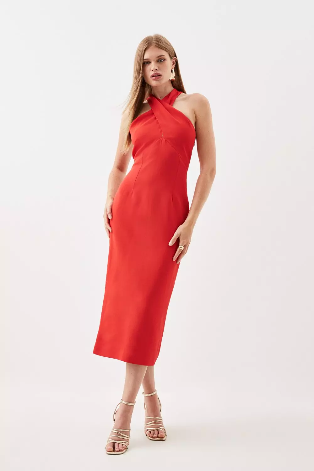 Tailored Italian Structured Rib Cross Neck Midi Dress Karen Millen