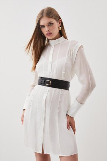 Military Belted Sheer Woven Shirt ivory