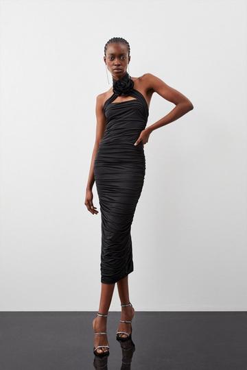Jersey Rosette Ruched Midi Dress black