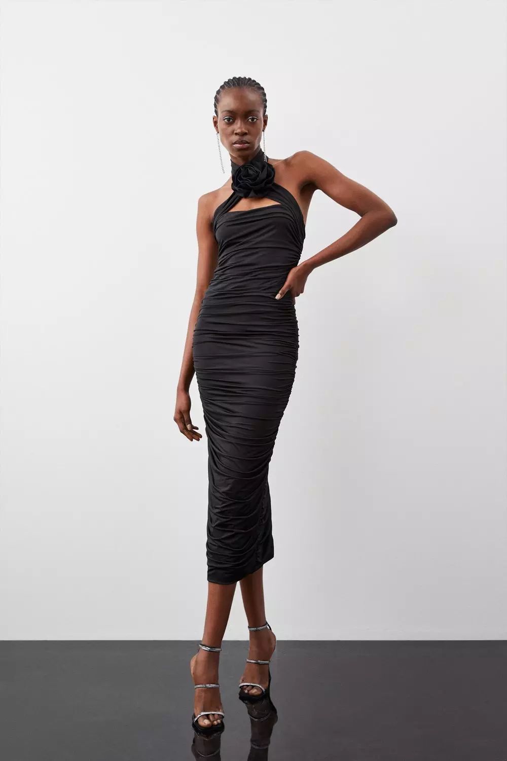 Parisian satin ruched midi dress in black