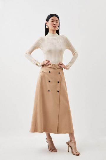 Relaxed Tailored Belted Longline Midi Skirt camel
