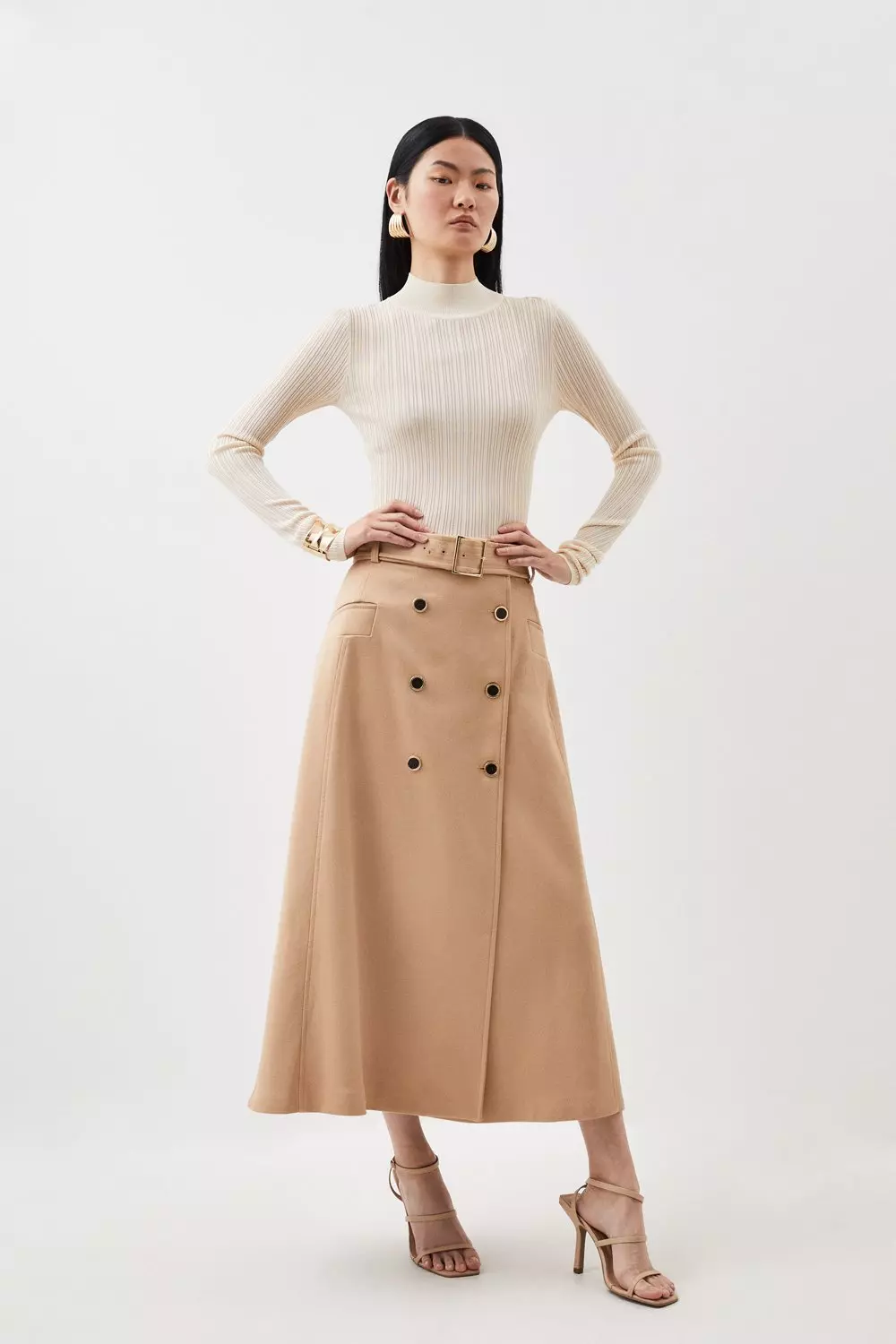 Cotton Sateen Midi Belted Skirt | Karen Millen