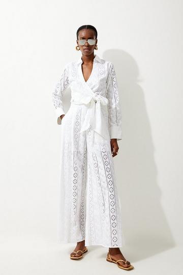 White Cotton Broderie Woven Wrap Top And Wide Leg Trouser Co-ord