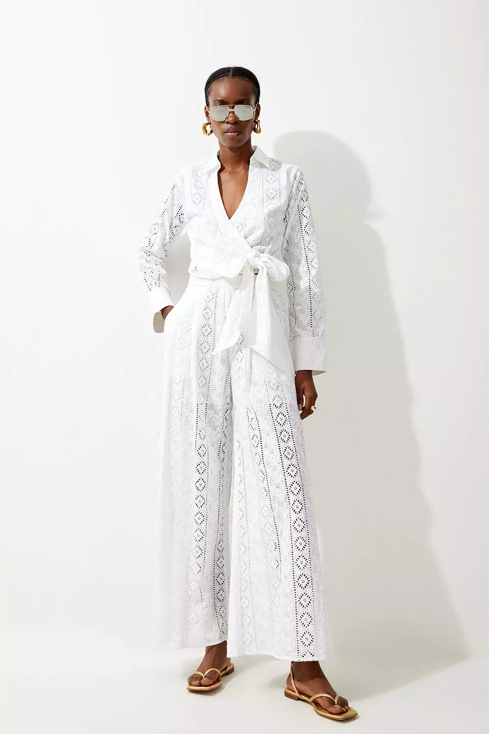 Cotton Broderie Woven Wrap Top And Wide Leg Trouser Co-ord