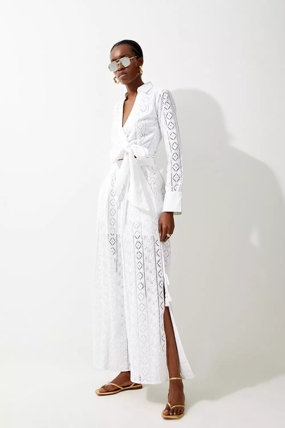 White eyelet store wrap dress