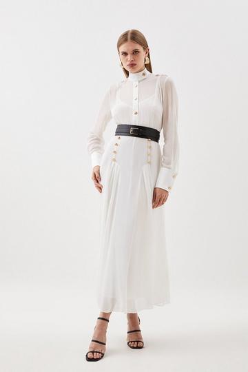 Military Belted Sheer Woven Midaxi Dress ivory