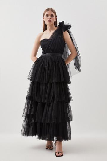 Tulle One Shoulder Woven Midi Dress black