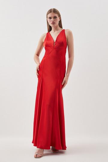 Premium Satin Panelled Woven Maxi Dress red