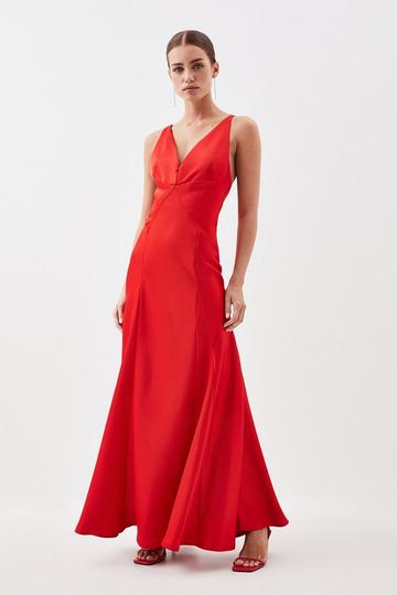Red Petite Premium Satin Panelled Woven Maxi Dress