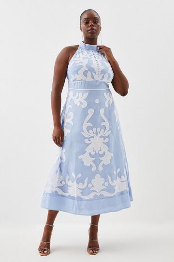 Blue Plus Size Applique Organdie Midi Woven Dress