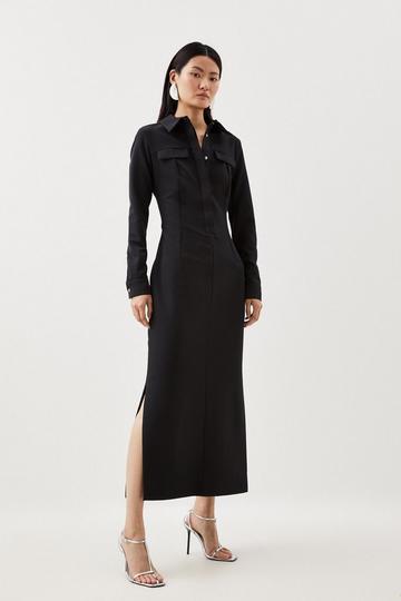 Black Tailored Compact Stretch Shirt Midi Dress