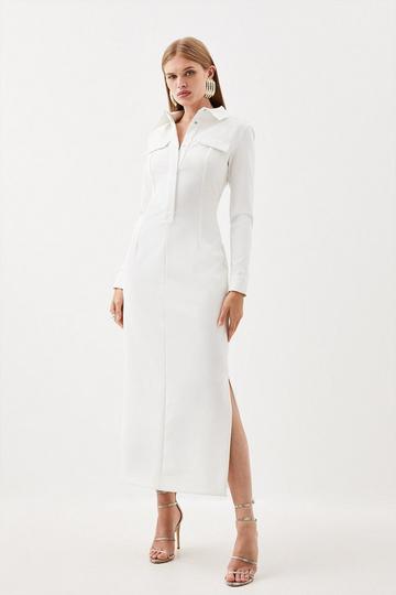 Tailored Compact Stretch Shirt Midi Dress ivory
