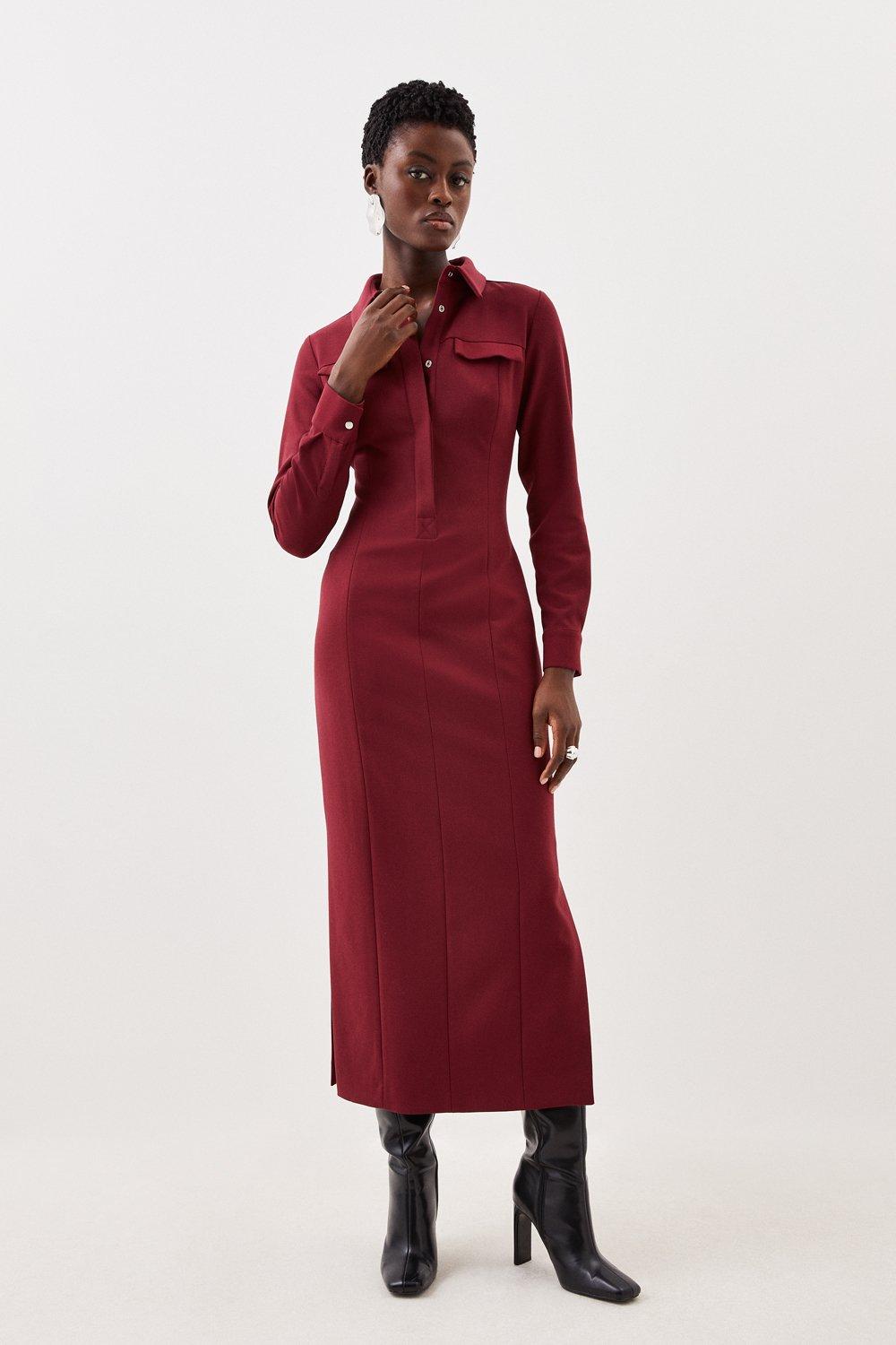 Tailored Compact Stretch Shirt Midi Dress - Red