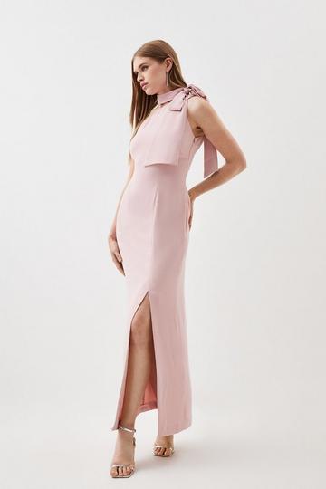 Blush Pink Soft Tailored Tie Neck Midi Dress