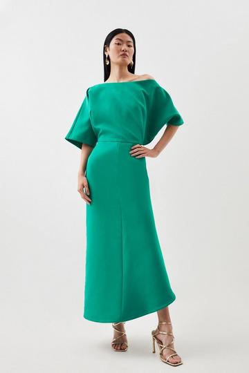 Clean Tailored Off Shoulder Short Sleeve Midi Dress green