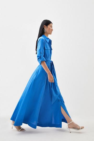 Blue Tailored Cotton Belted Maxi Shirt Dresss