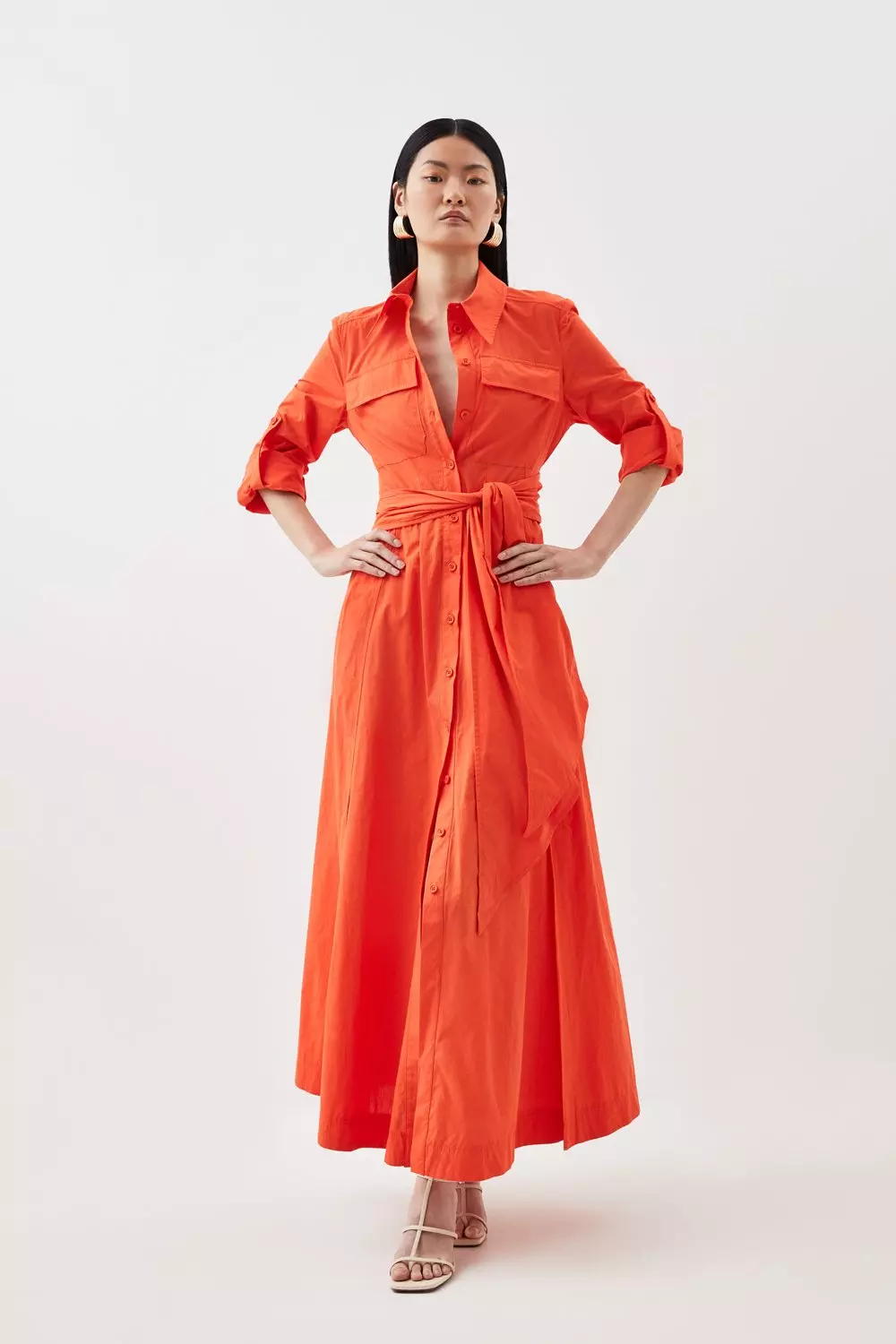 Orange - Silk Blend Maxi Shirt Dress