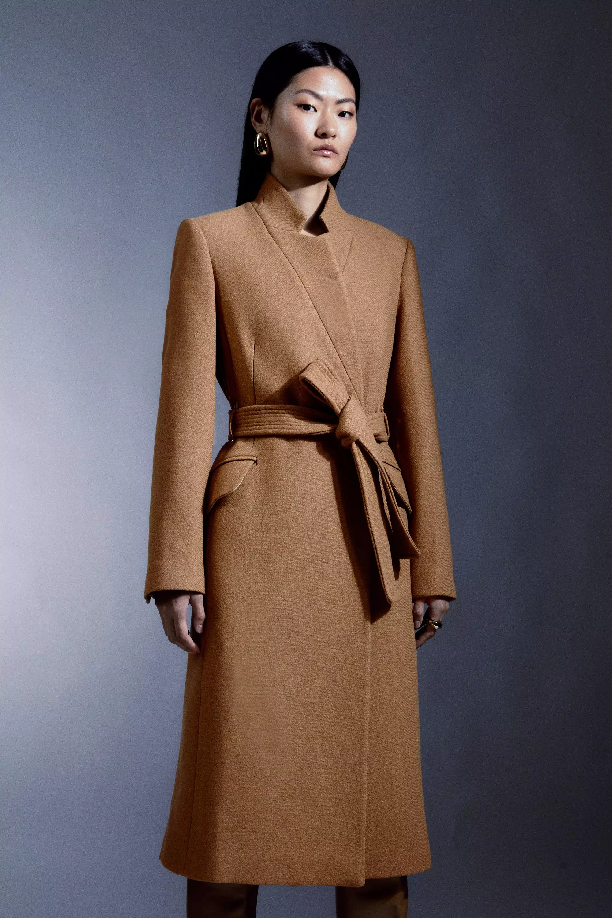 KAREN MILLEN Plus Size Italian Wool Cashmere Forever Notch Neck Midi Coat  in Camel