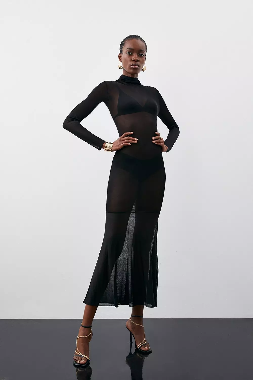 Black Sheer Knit Cut Out One Shoulder Maxi Dress