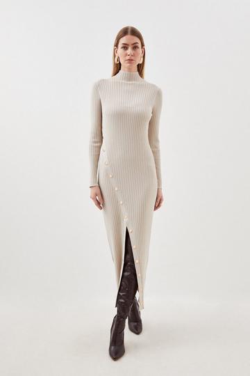 Cream White Viscose Blend Popper Detail Split Knit Midaxi Dress