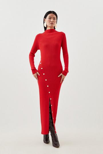 Red Viscose Blend Popper Detail Split Knit Midaxi Dress