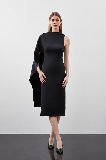 Black Scuba Waterfall Detail Woven Midi Dress