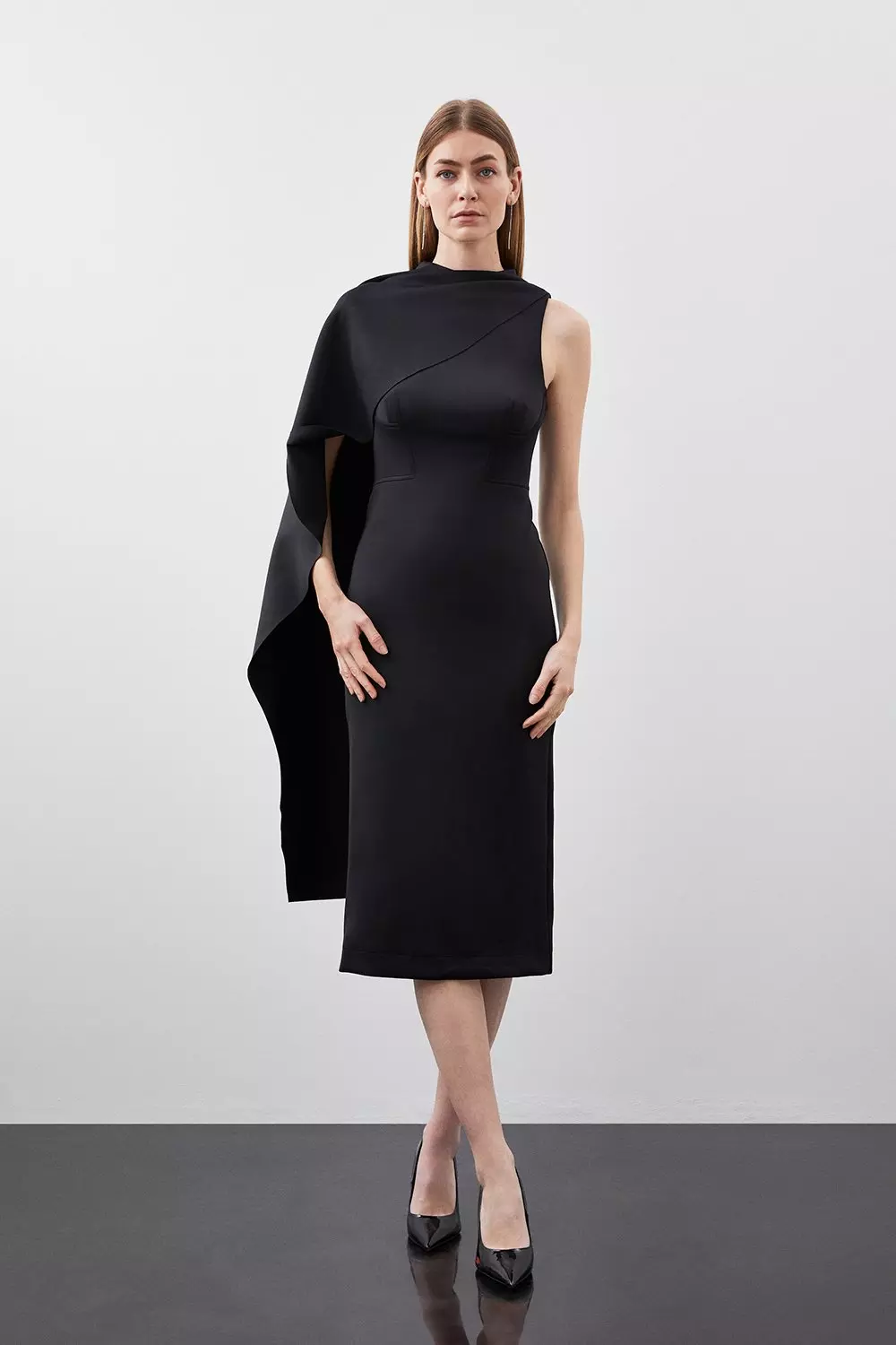 Petite Scuba Waterfall Detail Midi Dress | Karen Millen