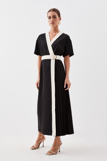 Petite Contrast Twill Button Detail Belted Midi Dress mono
