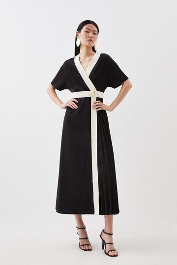 Contrast Twill Button Detail Belted Midi Dress mono