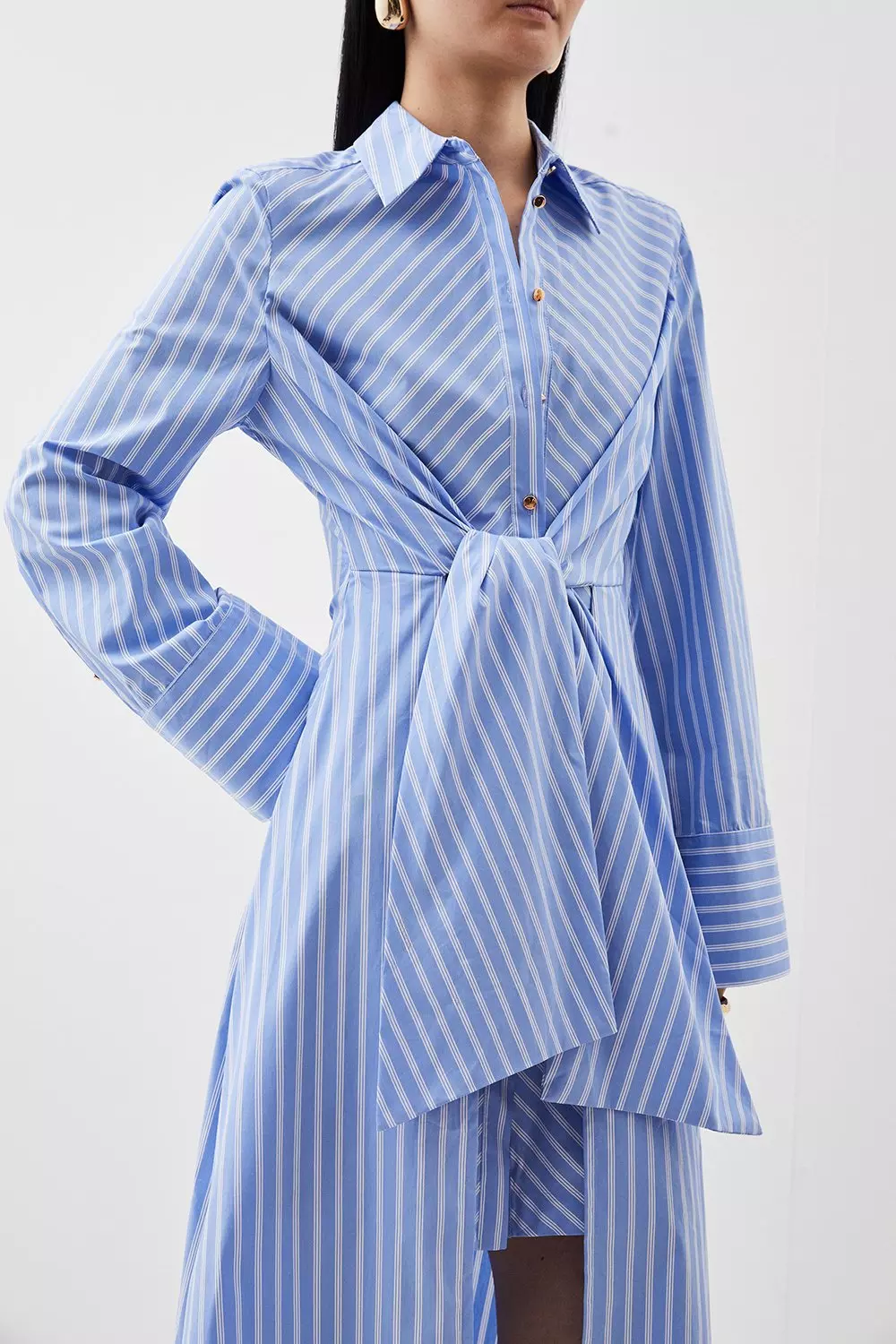 Cotton Stripe Tie Detail Midaxi Shirt Dress | Karen Millen
