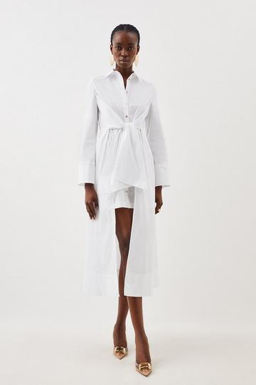 Cotton Tie Detail Woven Midaxi Shirt Dress white