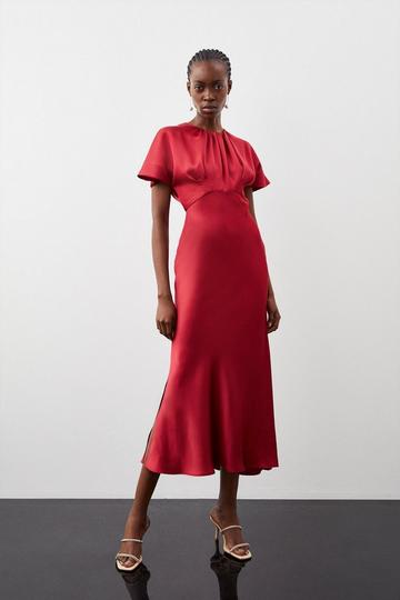 Red Satin Back Crepe Tailored Maxi Column Dress