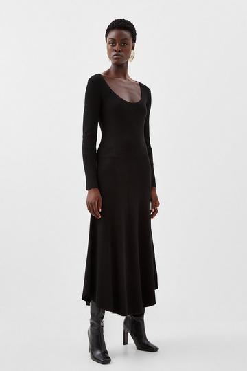 Black Viscose Blend Scoop Belted Midi Dress