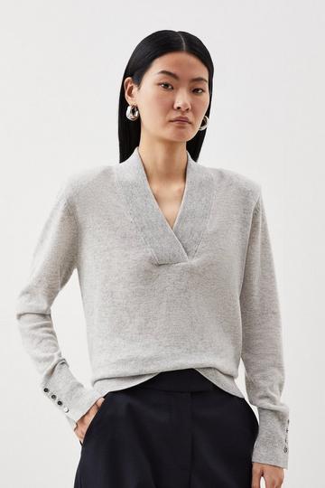 Cashmere V Neck Power Shoulder Knit Sweater grey marl