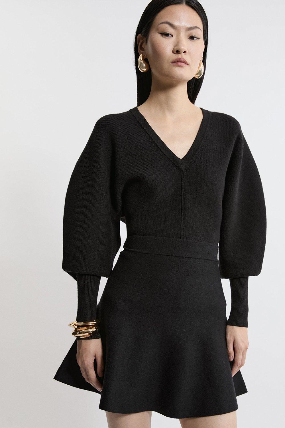 Compact Wool Look Knit Flippy Mini Skirt - Black