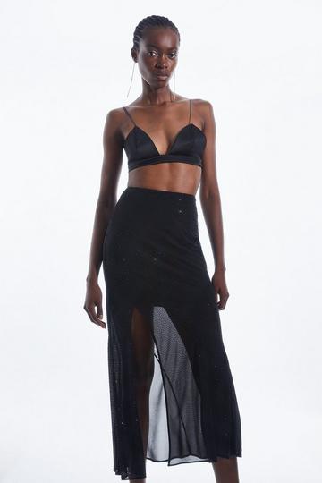 Panelled Embellished Georgette Midi Skirt black