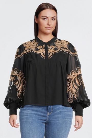Black Plus Size Cutwork Embroidered Woven Blouse